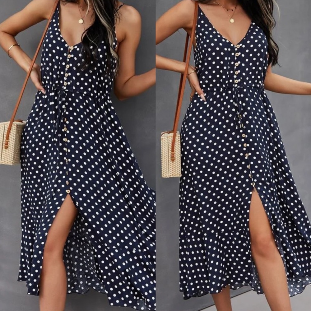 Boho gypsy dot drawstring waist cami dress